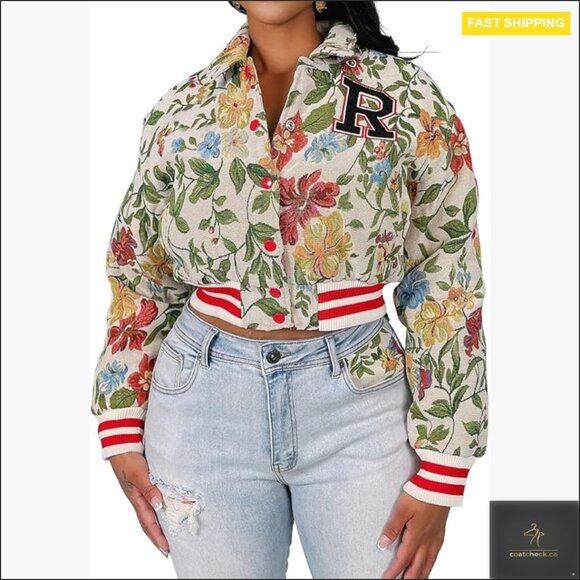 Cropped Floral Bomber Jacket Lightweight Polyester Button Down Casual